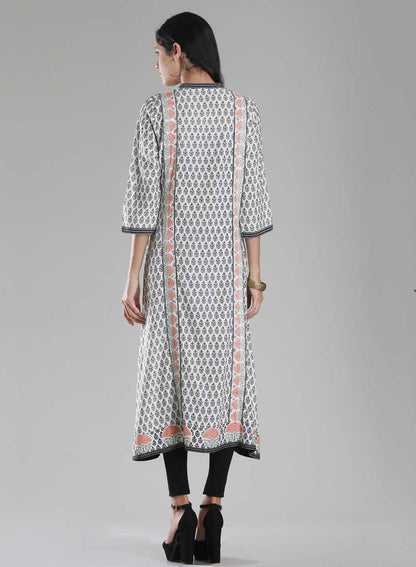 White Printed Mandarin Neck kurta - wforwoman