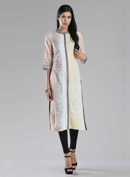 Light Pink Mandarin Neck Printed kurta - wforwoman