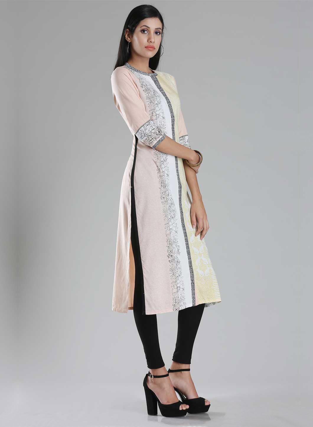 Light Pink Mandarin Neck Printed kurta - wforwoman