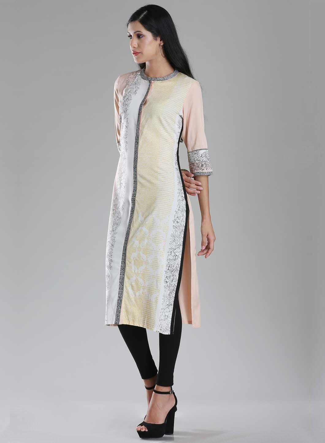 Light Pink Mandarin Neck Printed kurta - wforwoman