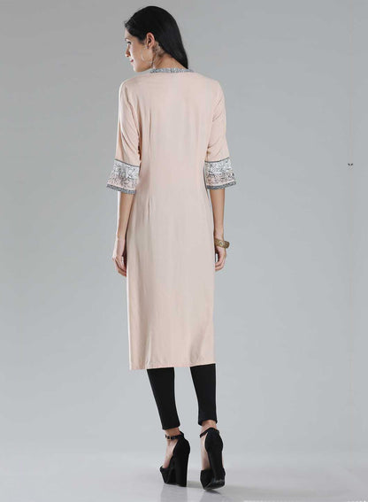 Light Pink Mandarin Neck Printed kurta - wforwoman