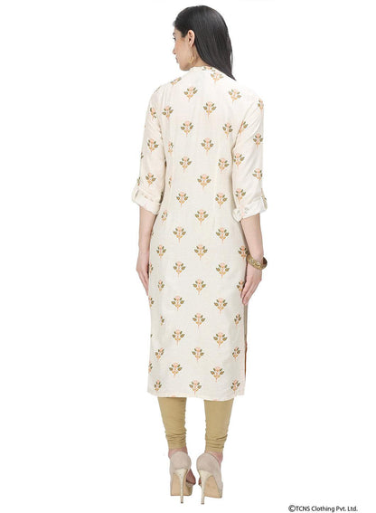 Off White Full Sleeve Mandarin Neck kurta - wforwoman