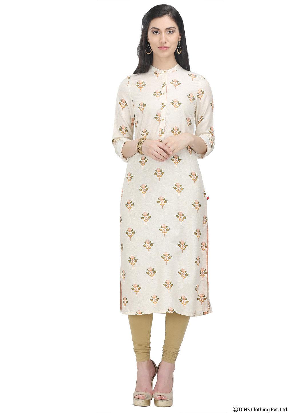 Off White Full Sleeve Mandarin Neck kurta - wforwoman