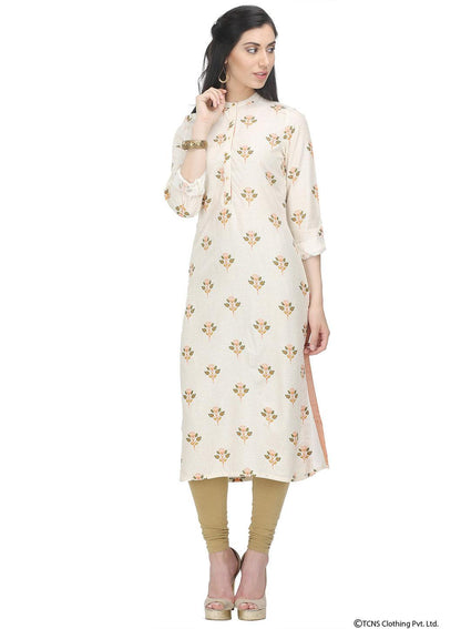 Off White Full Sleeve Mandarin Neck kurta - wforwoman