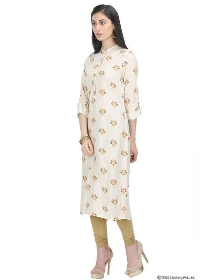 Off White Full Sleeve Mandarin Neck kurta - wforwoman