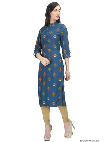 Blue Full Sleeve Mandarin Neck kurta - wforwoman