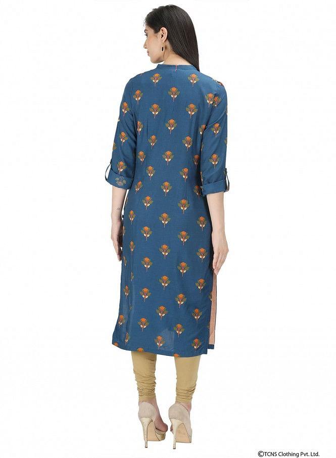 Blue Full Sleeve Mandarin Neck kurta - wforwoman