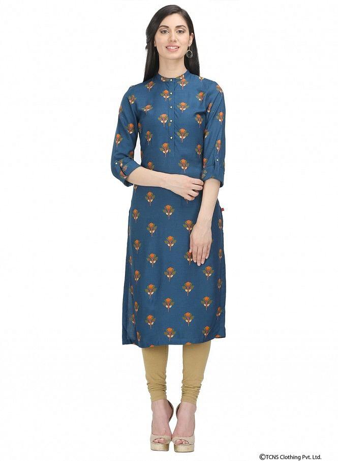 Blue Full Sleeve Mandarin Neck kurta - wforwoman