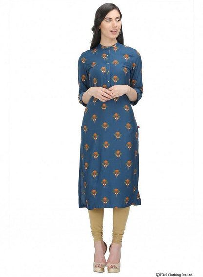 Blue Full Sleeve Mandarin Neck kurta - wforwoman