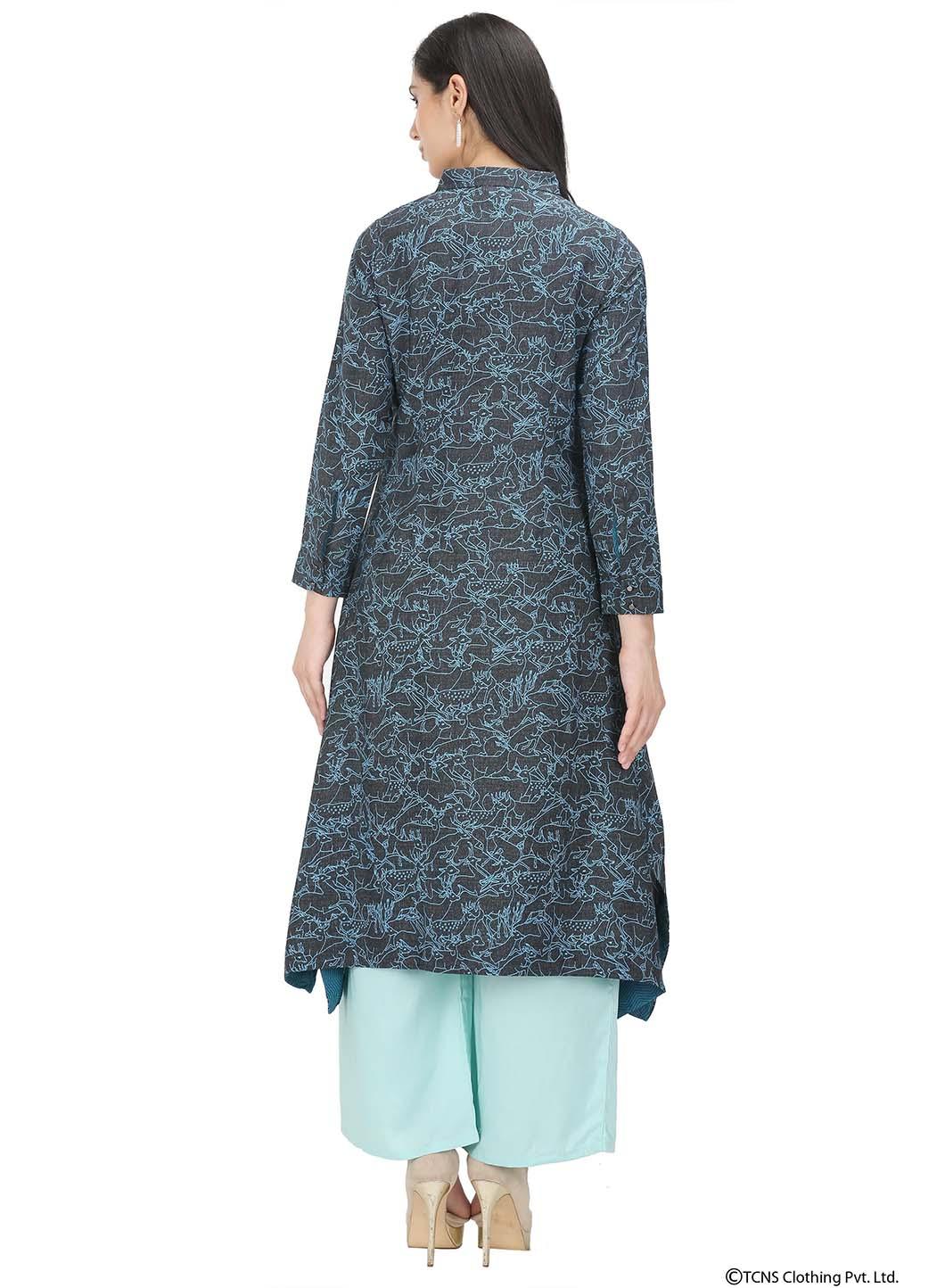 Black Full Sleeve Collar Neck kurta - wforwoman