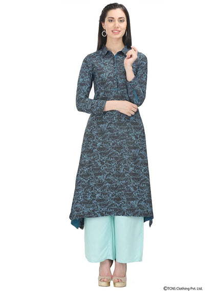 Black Full Sleeve Collar Neck kurta - wforwoman