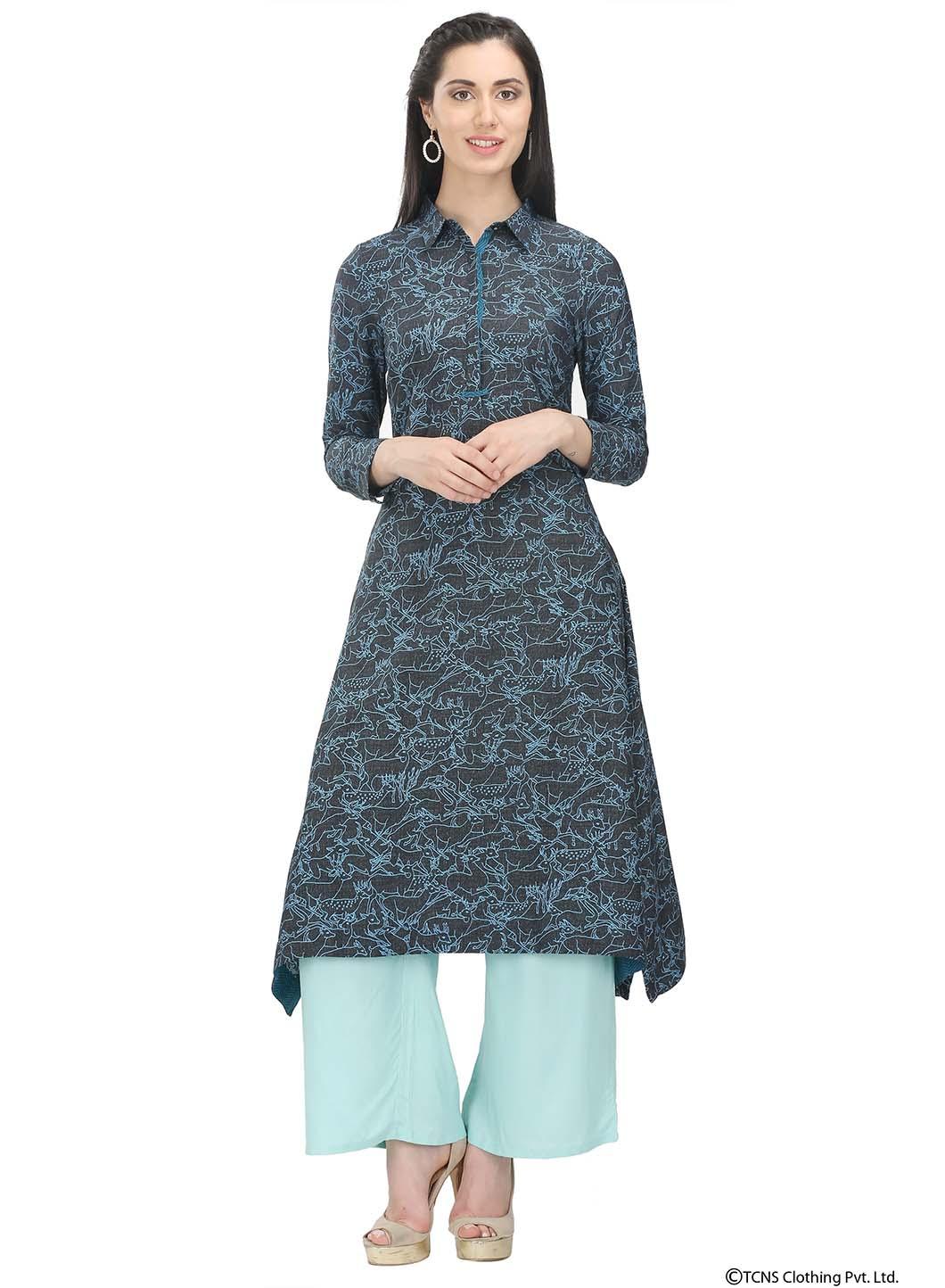 Black Full Sleeve Collar Neck kurta - wforwoman