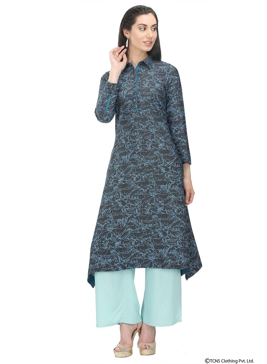 Black Full Sleeve Collar Neck kurta - wforwoman