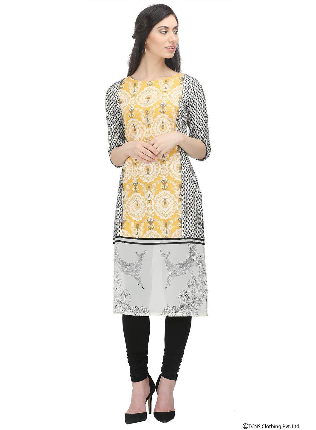 Yellow 3/4 Sleeve Round Neck kurta - wforwoman