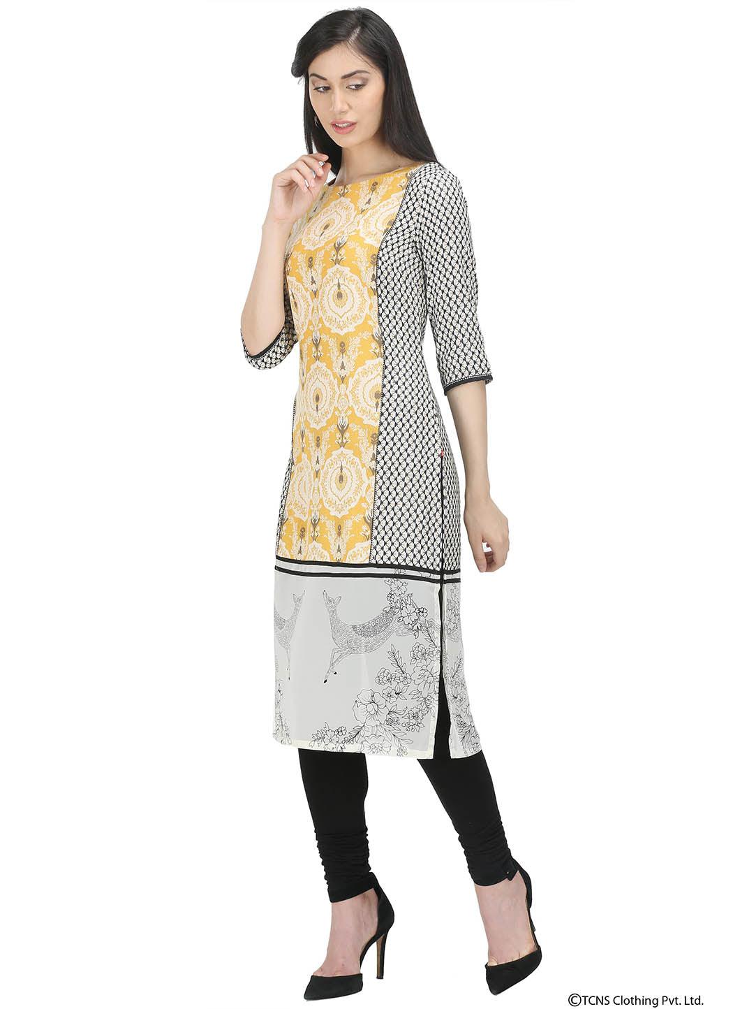 Yellow 3/4 Sleeve Round Neck kurta - wforwoman