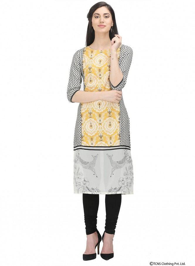 Yellow 3/4 Sleeve Round Neck kurta - wforwoman