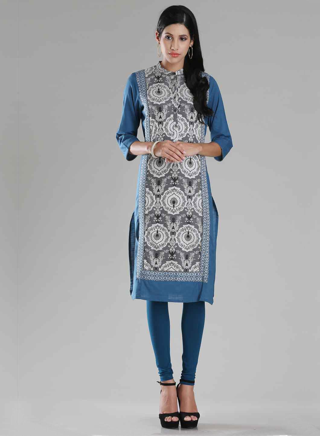 Blue &amp; Grey Mandarin Neck Printed kurta - wforwoman