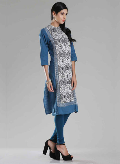 Blue &amp; Grey Mandarin Neck Printed kurta - wforwoman