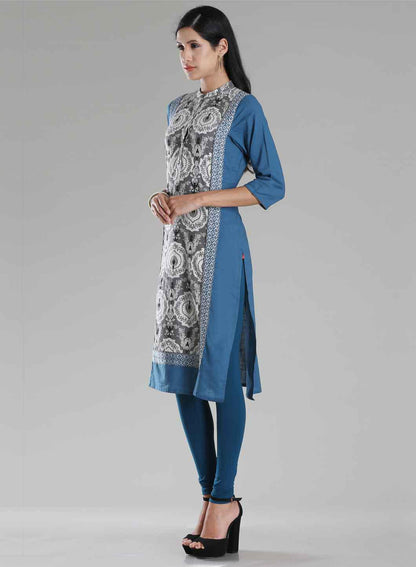 Blue &amp; Grey Mandarin Neck Printed kurta - wforwoman