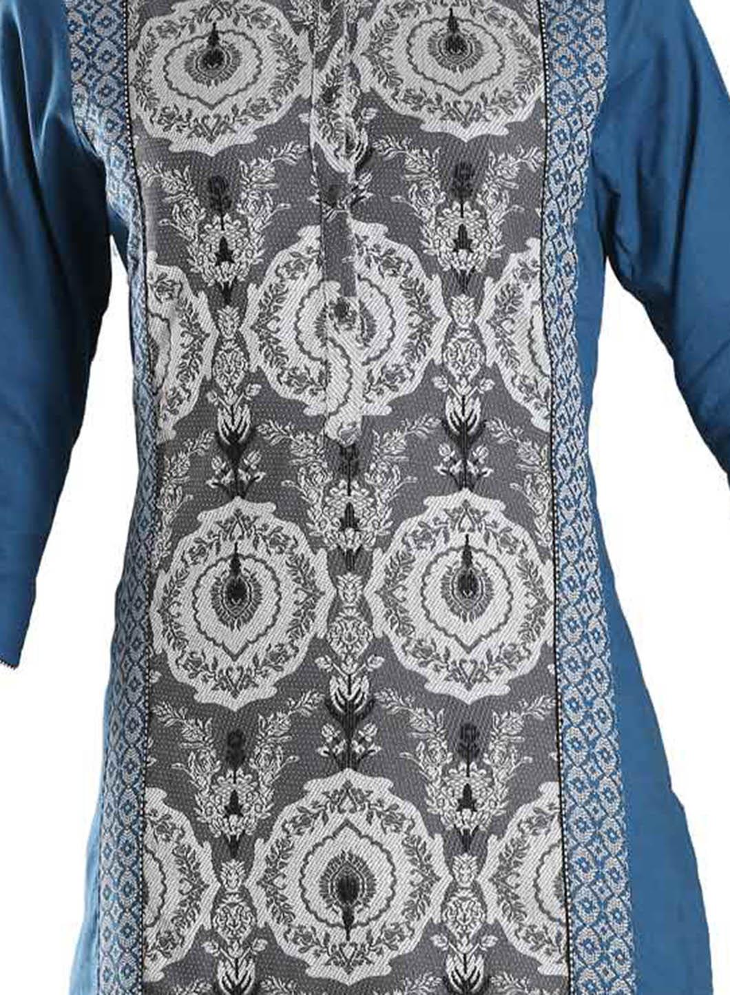 Blue &amp; Grey Mandarin Neck Printed kurta - wforwoman