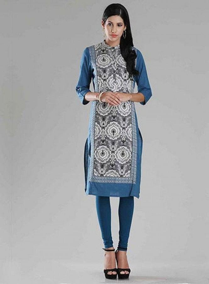 Blue &amp; Grey Mandarin Neck Printed kurta - wforwoman