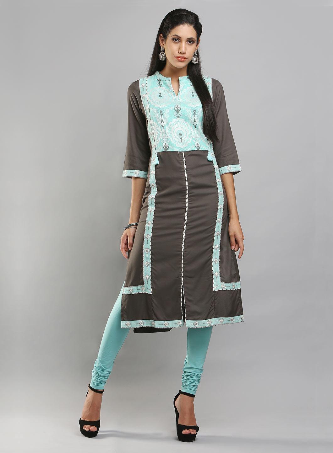 Grey &amp; Teal Blue Colorblocked Printed kurta - wforwoman