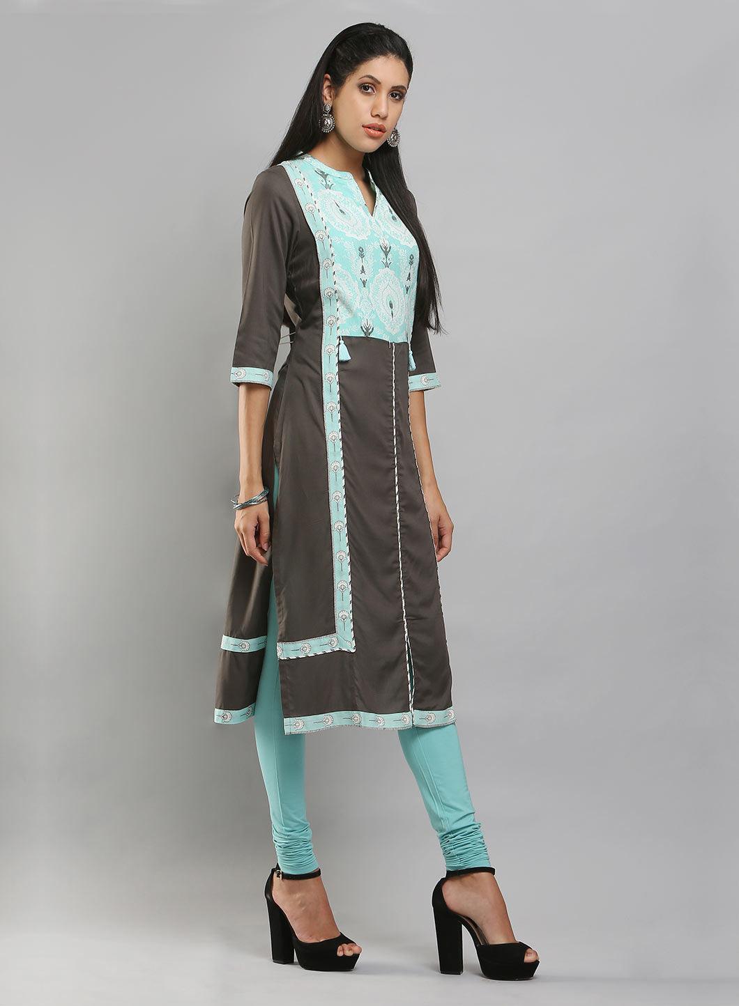 Grey &amp; Teal Blue Colorblocked Printed kurta - wforwoman