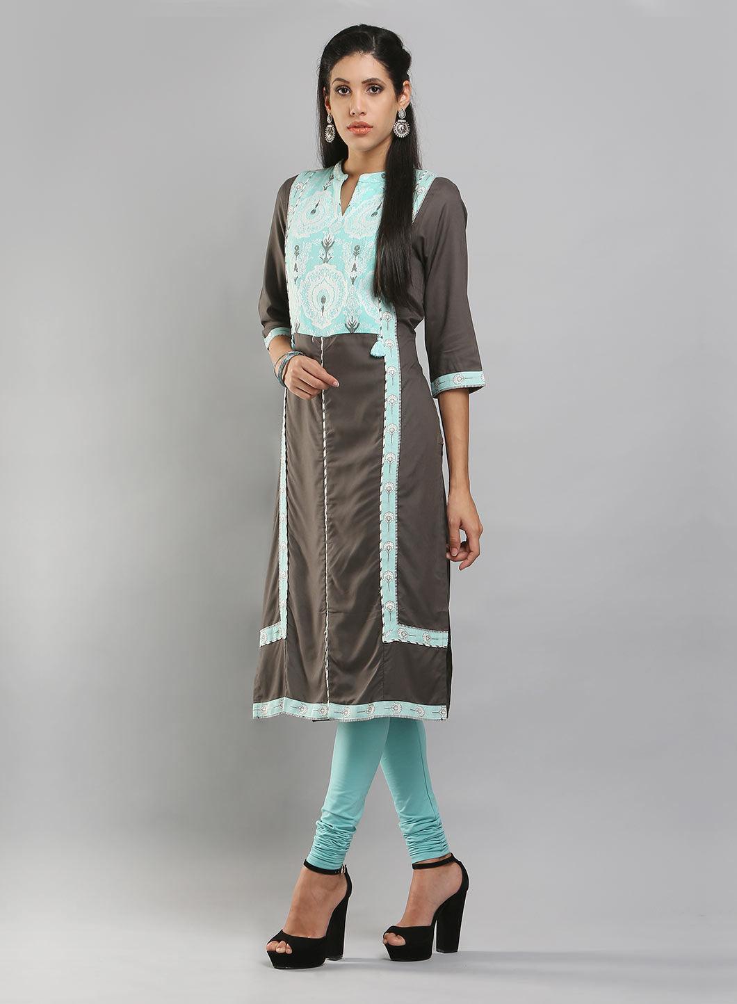 Grey &amp; Teal Blue Colorblocked Printed kurta - wforwoman