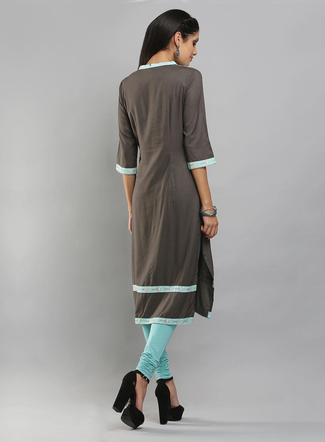 Grey &amp; Teal Blue Colorblocked Printed kurta - wforwoman