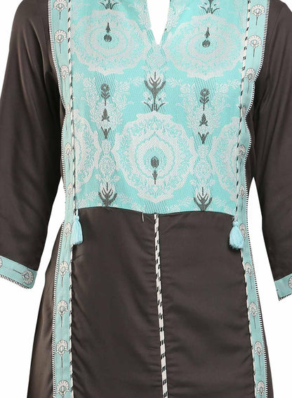 Grey &amp; Teal Blue Colorblocked Printed kurta - wforwoman