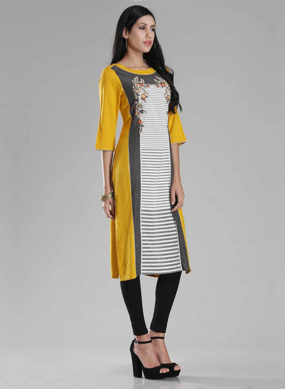 Yellow &amp; Grey Boat Neck Printed kurta - wforwoman