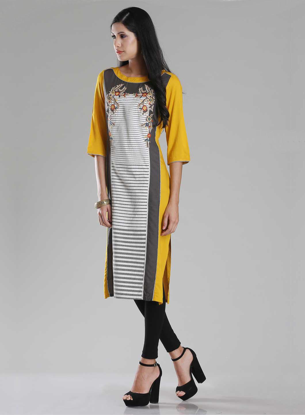 Yellow &amp; Grey Boat Neck Printed kurta - wforwoman