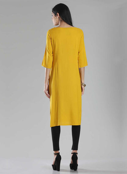 Yellow &amp; Grey Boat Neck Printed kurta - wforwoman