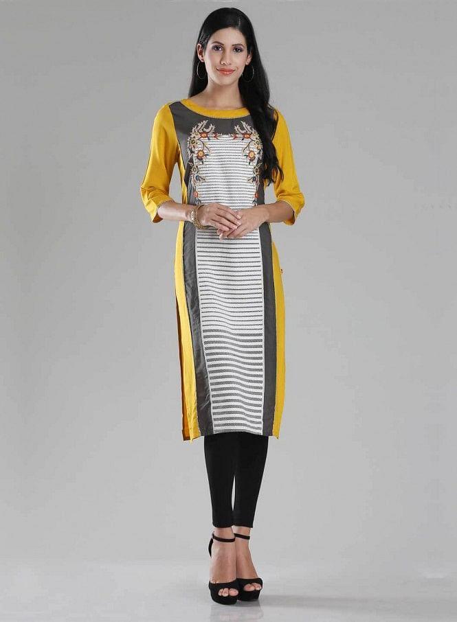 Yellow &amp; Grey Boat Neck Printed kurta - wforwoman