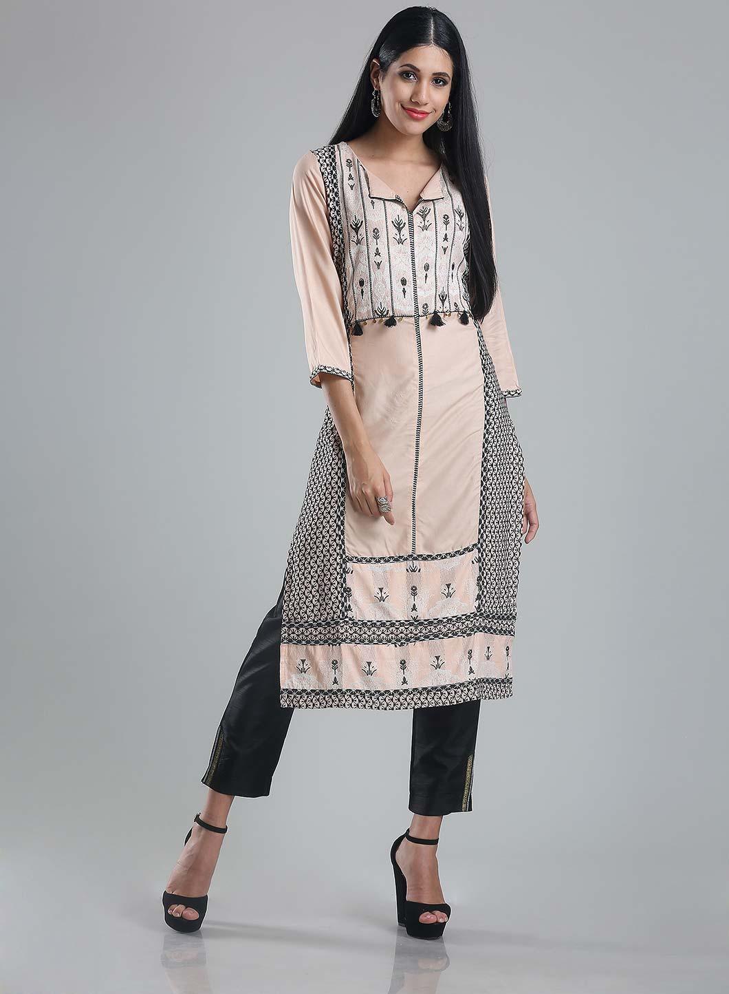 Pale Pink 3/4 Sleeve Printed kurta - wforwoman