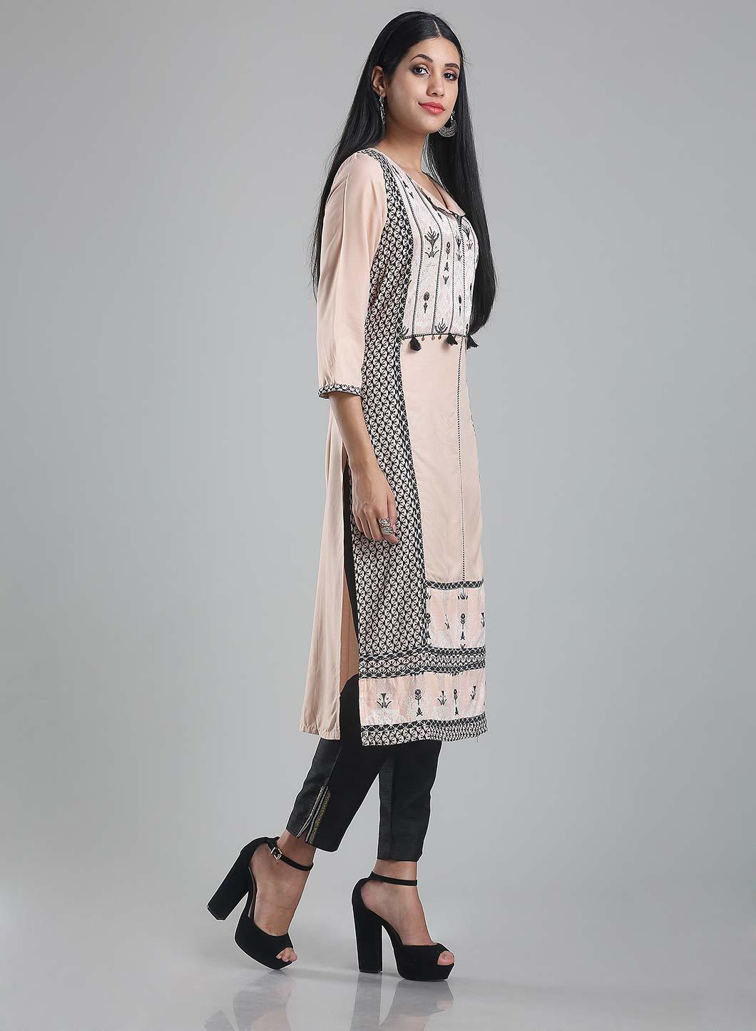 Pale Pink 3/4 Sleeve Printed kurta - wforwoman