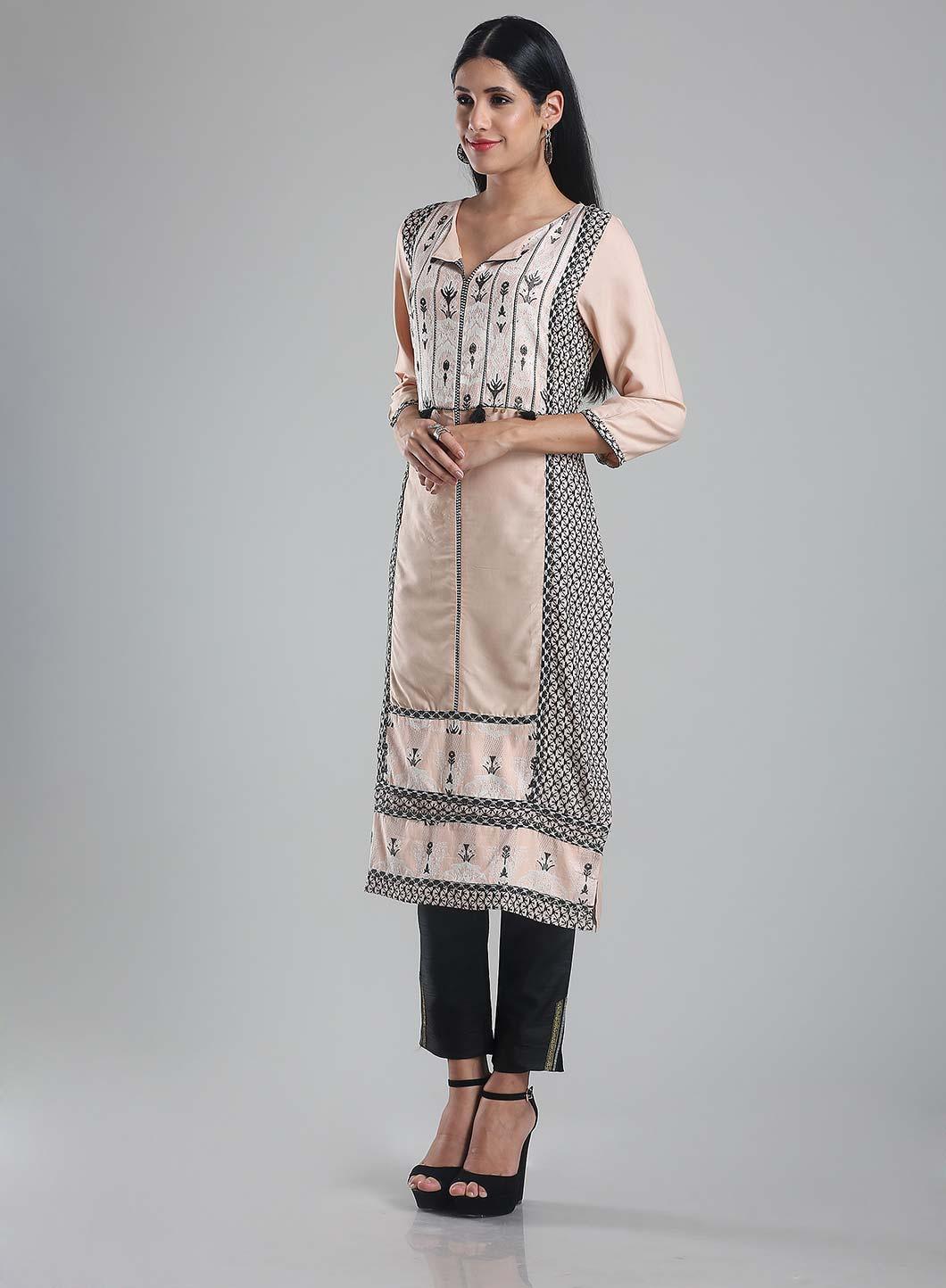 Pale Pink 3/4 Sleeve Printed kurta - wforwoman