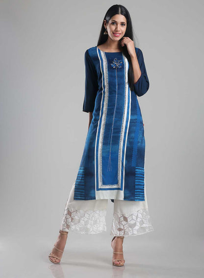 Blue Printed Round Neck kurta