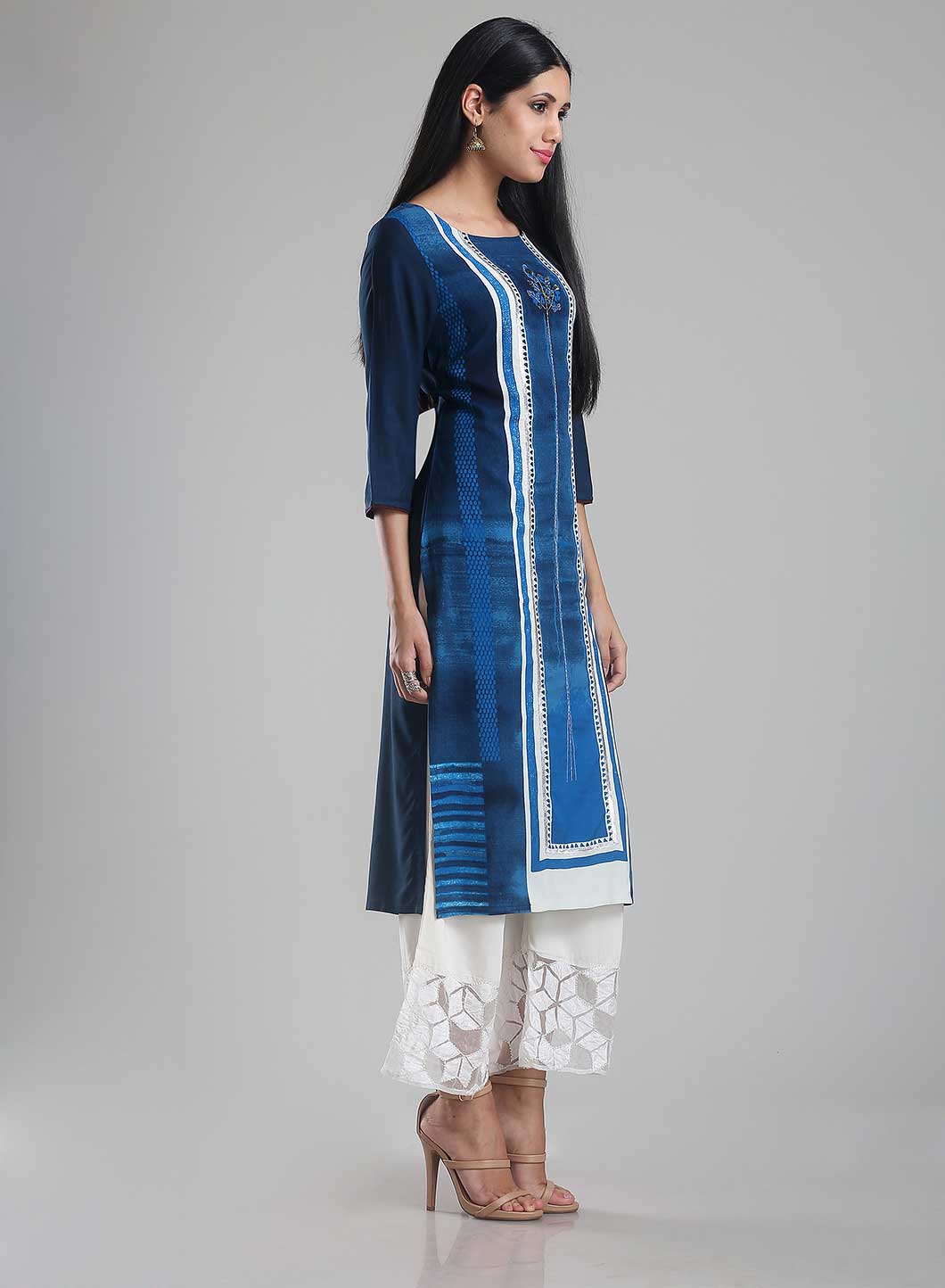 Blue Printed Round Neck kurta