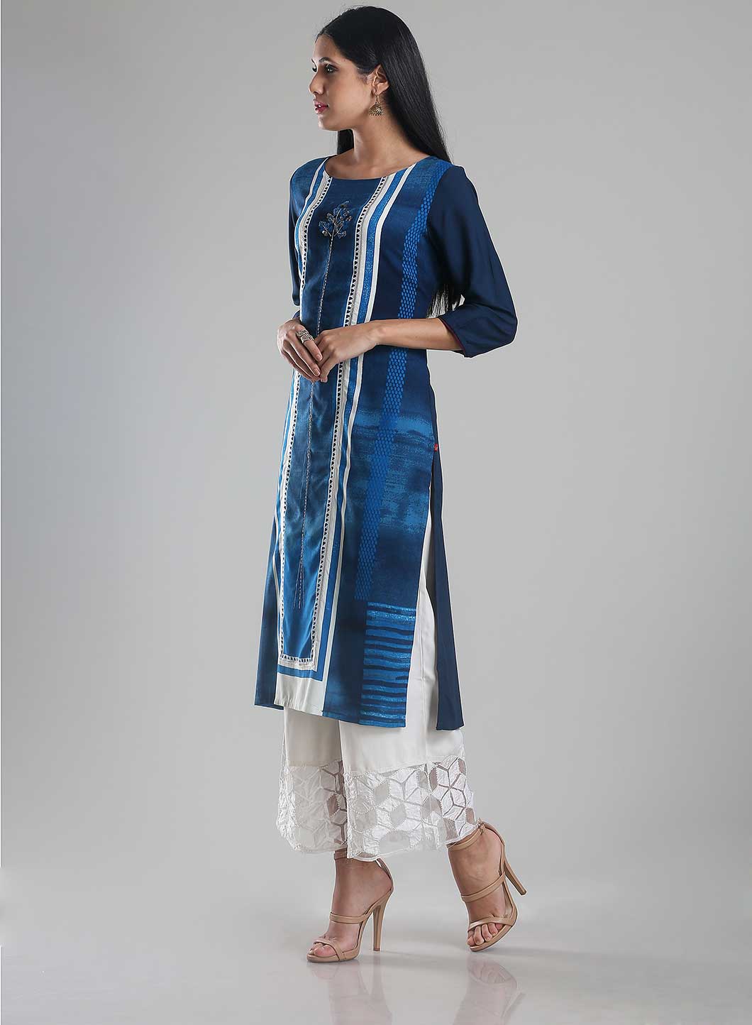 Blue Printed Round Neck kurta