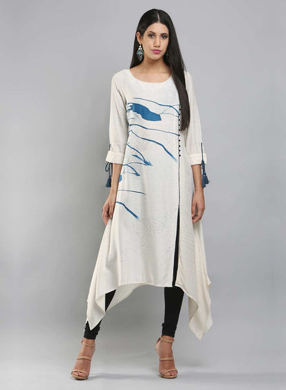 White Round Neck Printed kurta