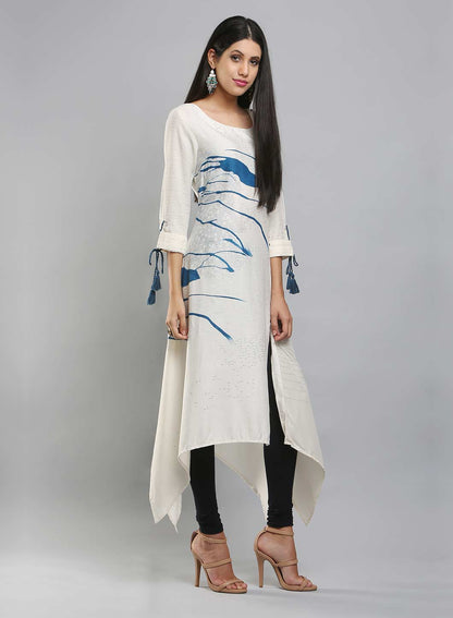 White Round Neck Printed kurta