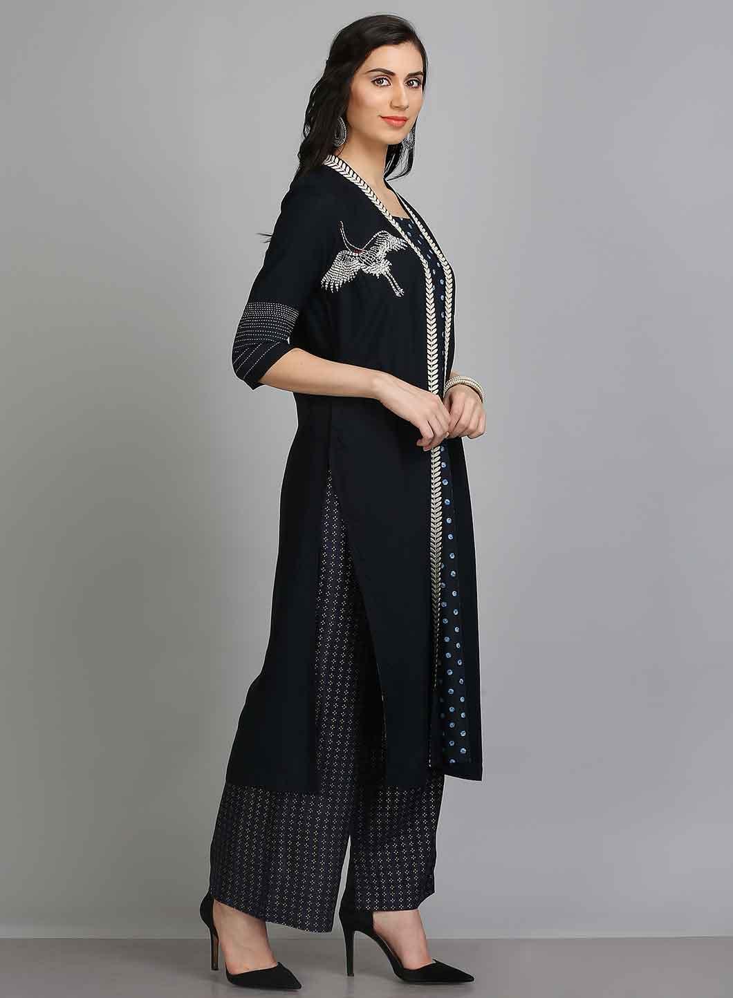 Blue Printed Open Front kurta - wforwoman