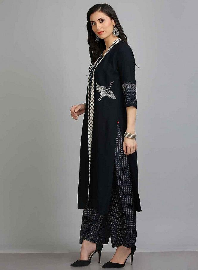 Blue Printed Open Front kurta - wforwoman