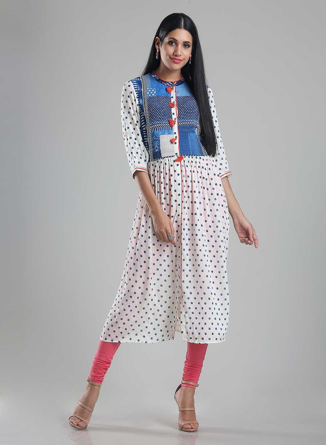 White Polka Dot Print 3/4 Sleeve kurta - wforwoman