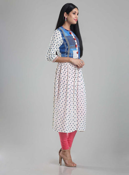 White Polka Dot Print 3/4 Sleeve kurta - wforwoman