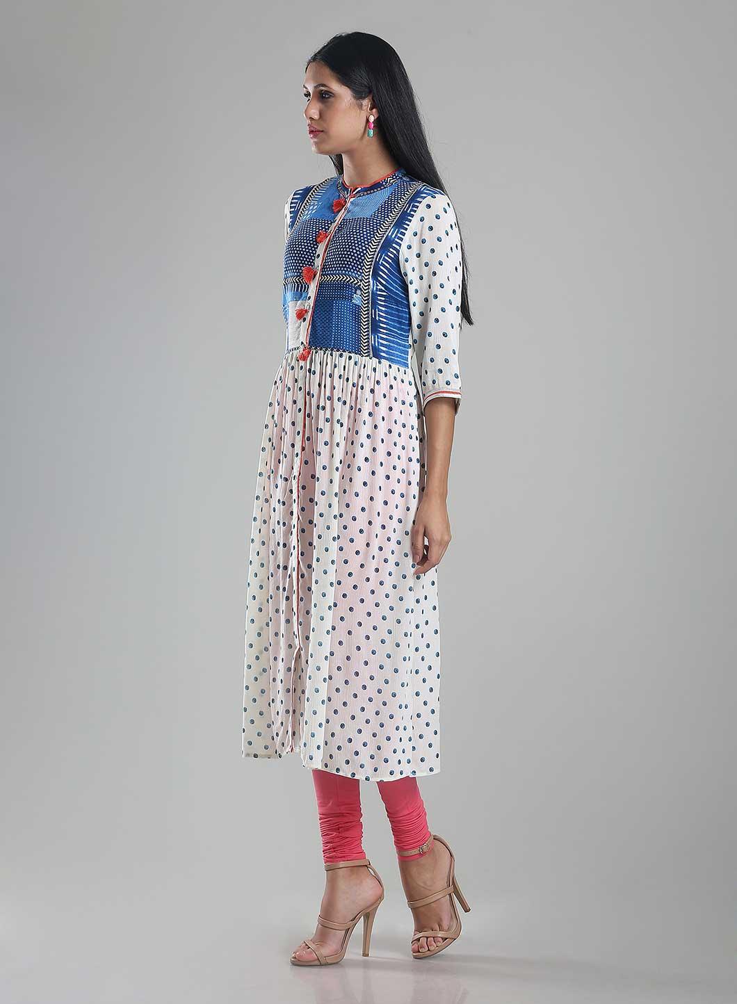 White Polka Dot Print 3/4 Sleeve kurta - wforwoman