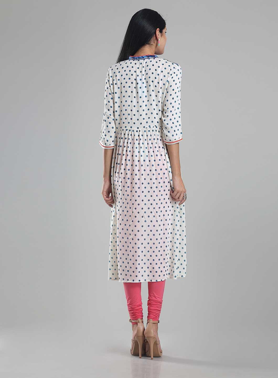 White Polka Dot Print 3/4 Sleeve kurta - wforwoman