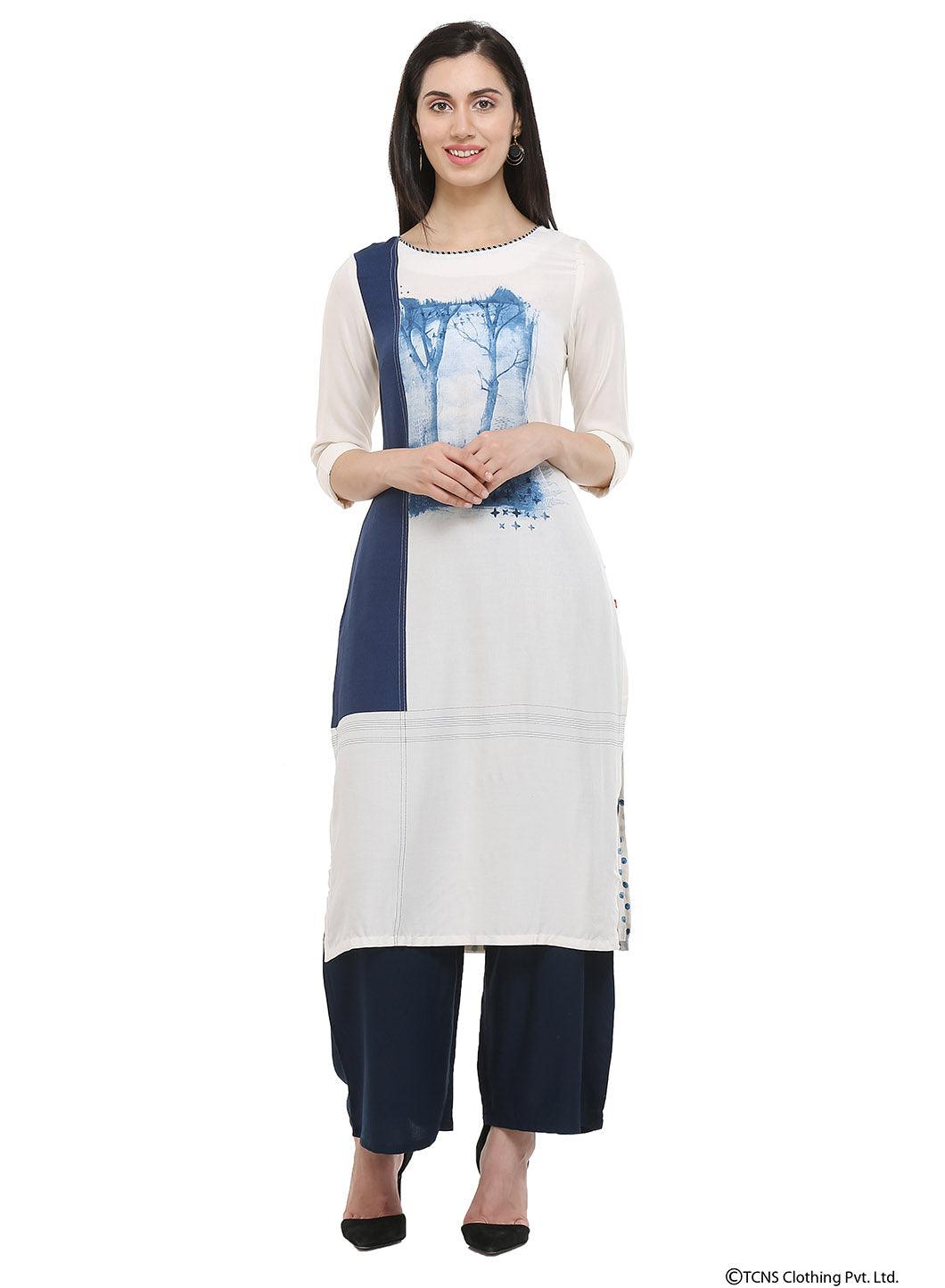 White 3/4 Sleeve Round Neck kurta - wforwoman