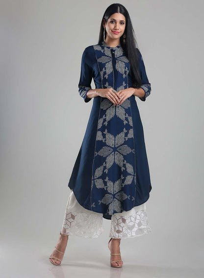 Navy Blue High-Low Printed kurta - wforwoman